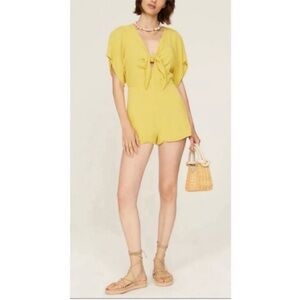 Louna front tie keyhole cutout back mustard yellow short flutter sleeve romper